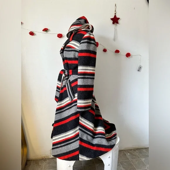 RARE Vintage 70’s Retro Boho Chevron Stripe Red Grey Black Wool Long Coat M L - Picture 6 of 10